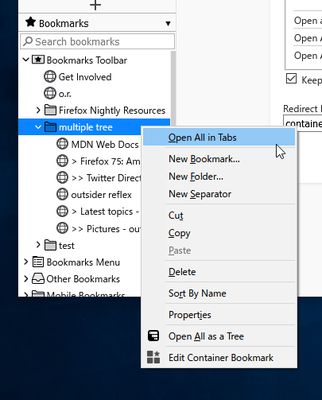 Context menu on bookmarks