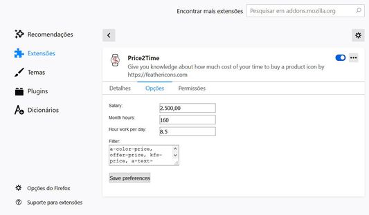 Options, to set salary, hours, and personalize class to find prices.