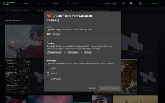 Screenshot of the filter creation modal (using Dark Mode)