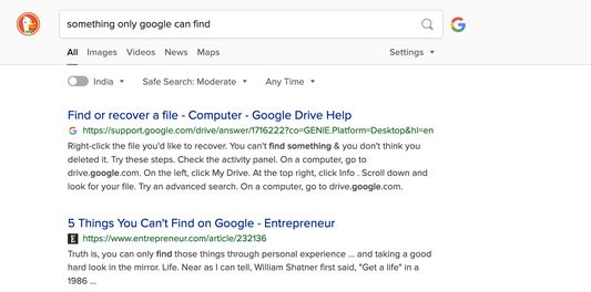 search with google button in duckduckgo search result page in default light theme