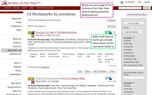 A screenshot of ArchiveOfOurOwn.org with captions. The first caption reads:
Works anywhere on the Archive of Our Own. Even when browsing personal bookmarks etc.
The second caption explains that icons (and accessible text) is added for works that you already know about (in this case the work has been kudosed and shows a little heart)