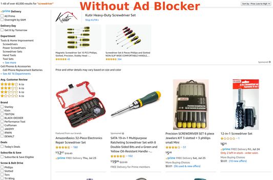 Without Amazon Ad Blocker, sponsored ads take over.