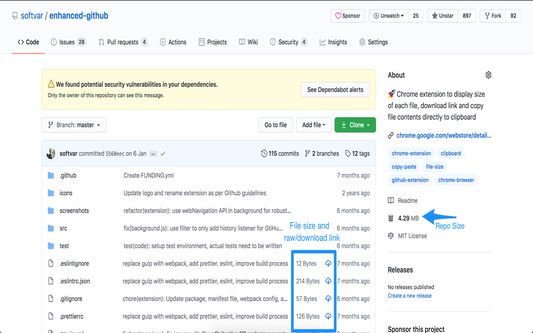 GitHub Home | Showing Repo size and file download size and link