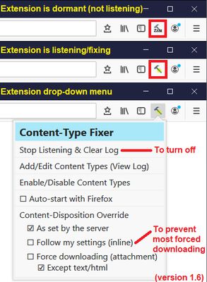 The Zzzz button indicates the extension is not listening/fixing responses. Click the button to start listening/fixing. Click the button again to drop the menu with choices to stop listening, add a custom Content-Type, start automatically, or tweak content disposition. (ver 1.6)