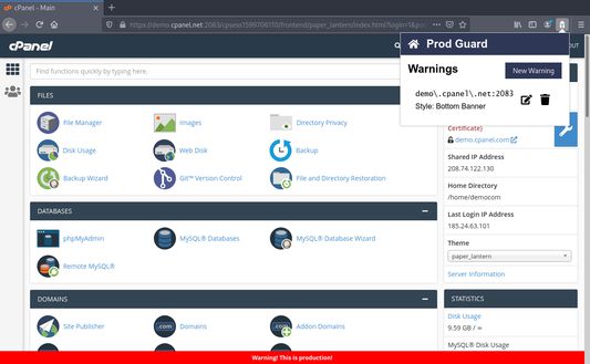 Firefox Screenshot showing a demo cPanel page with a warning from Prod Guard and Prod Guard's settings page.