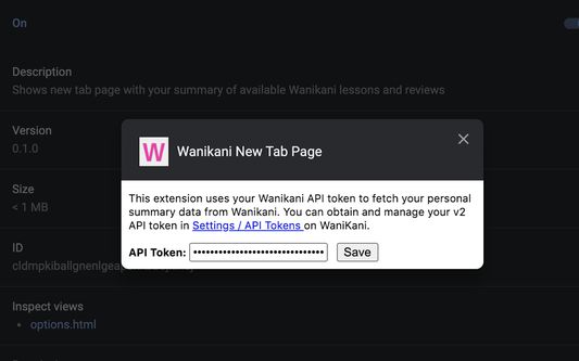 The settings dialog for the add-on. You can configure your Wanikani API token in the provided form.