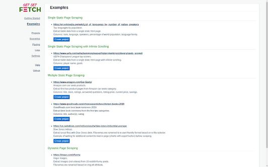 Quickly create a scraping projects from the available examples.