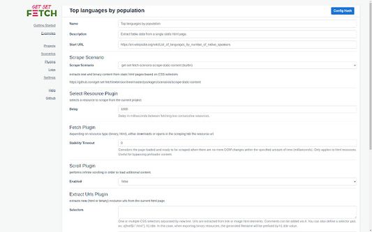 Settings available for a scraping project.