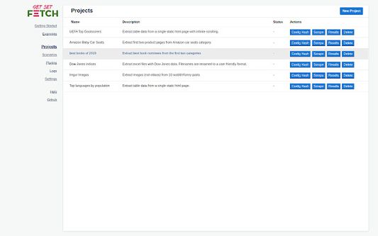 List of created scraping projects. On an individual level you can start / resume scraping,  view scraping results, export project configuration.