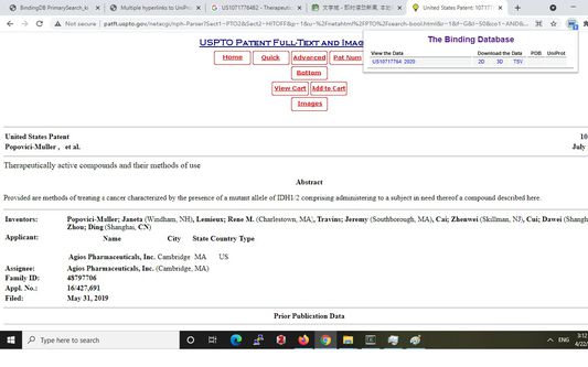 A USPTO search page having Binding Data in BindingDB