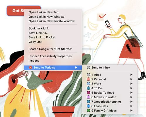 Context menu with a shortcut to your Inbox and all Todoist projects, each with due date options.