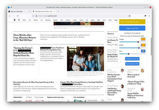 New York Times website with the filter enabled, but the visual filter disabled.