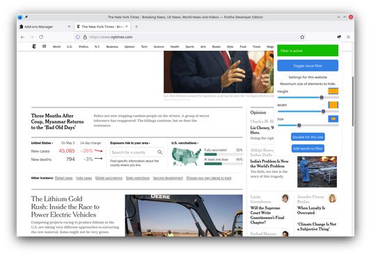 New York Times website with the filter enabled and active. The area of the web page with the unwanted keywords is removed.