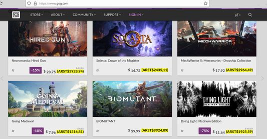 Página de GOG con los precios argentinos  finales en el recuadro amarillo.
