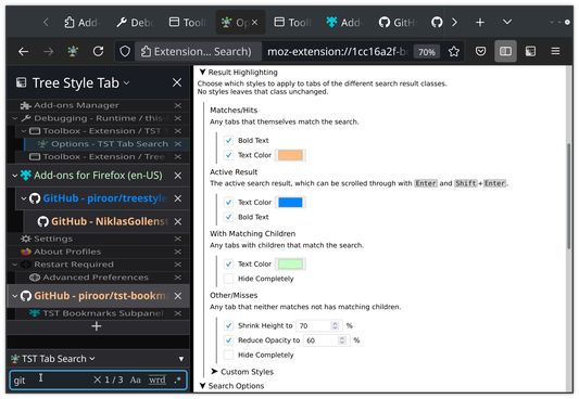 Highlighting search results in bold orange, the currently selected result in bold blue, and parents of search results in green.
All other tabs are shrunk and dimmed.
Pressing Ctrl+Enter will switch to the blue tab.