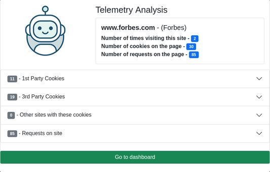 It also includes a more detailed breakdown of the individual elements and their classifications & understood purpose, including cookie & request counts.