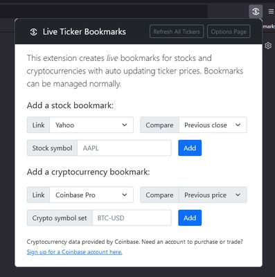 Add bookmarks comparing previous day close and previous refresh price. Supports multiple link-out options.