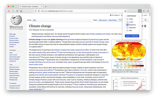 Web page with Copy Page Link popup menu in upper right-hand corner