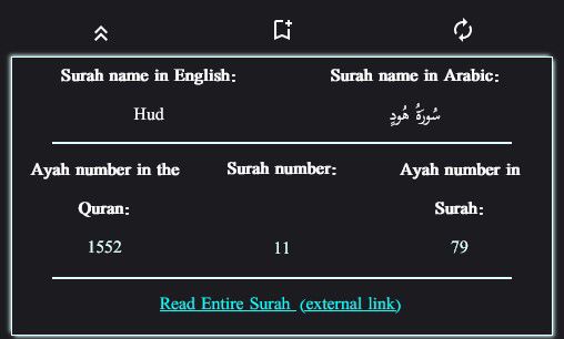 Each Verse has its name in both Arabic and English, its number in ayah, in the Quran, and its Surah number