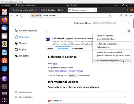 Shortcut is configured outside of extension's preferences