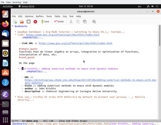 Link capture result in Emacs surrounded by other bookmarks