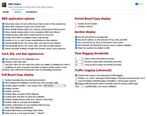 The full options allows detailed control over BBO application integration, card/bid/suit appearance, what is presented in the board copy-and-paste aid and how, and even traffic logging.