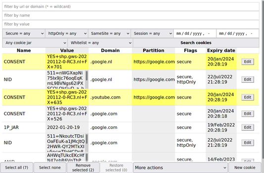 Cookie manager - edit cookies, or select and remove/export them.