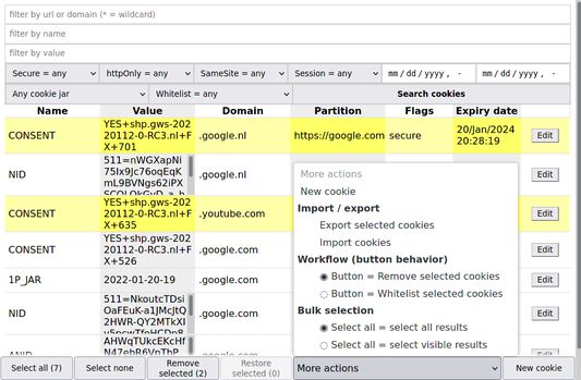 More actions: export / import cookies, protect cookies from accidental edits, bulk select cookies