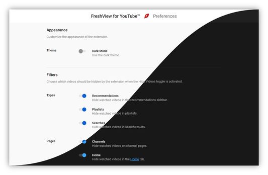 Partial view of the FreshView for YouTube™ options page.