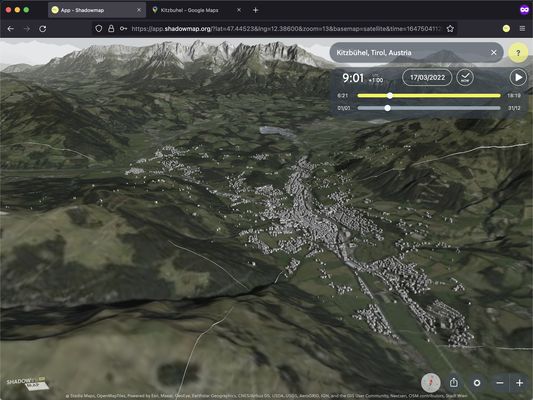 Kitzbühl, Austria, in Shadowmap. Click on right-top Shadowmap icon to open location in Google Maps.