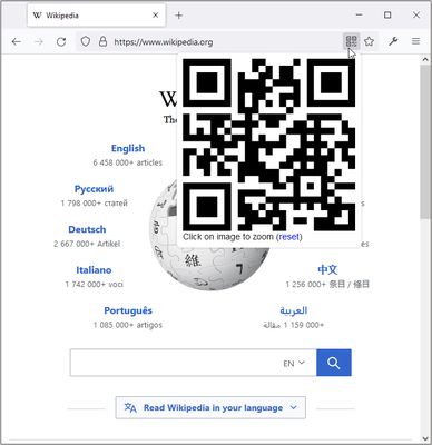 Add-on icon appears in the address bar, when clicked it displays the QR Code for the current tab url.