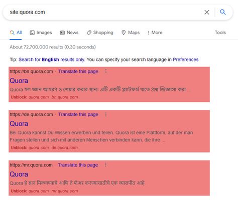 Blocked search results with