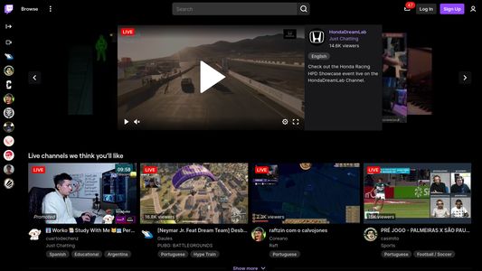 Twitch homepage with black theme