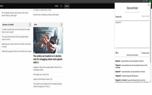 ElementHider can also hide the parent elements of the keyword elements so the whole article/post/comment etc. will be hidden