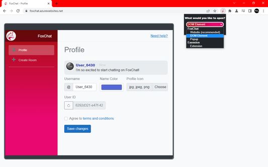 (Google Chrome) Extension popup window, FoxChat DOM Element.