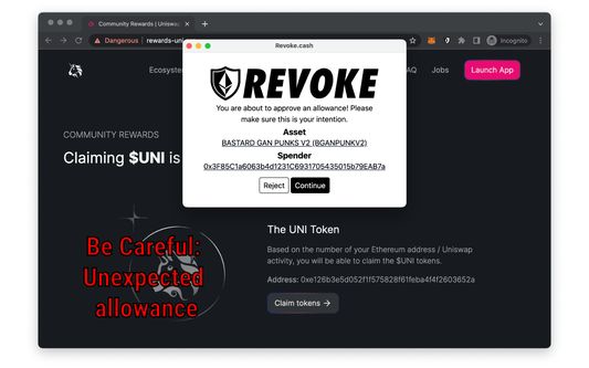Revoke.cash popup on a phishing website, notifying that they're asking for an allowance.