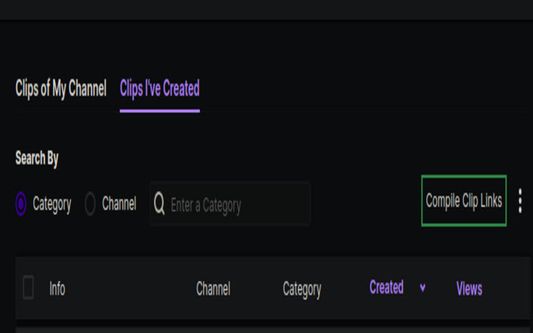 The dashboard page, with the implemented 'Compile Clip Links' button.