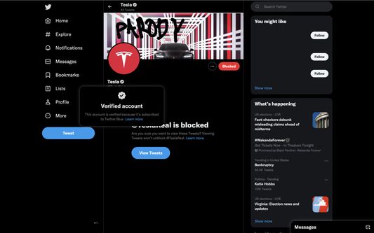 tesla parody account auto-blocked for purchasing Twitter Blue