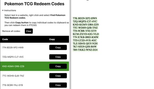 Sidebar with a few codes loaded. When copied to clipboard, the code is marked with green to help user find the unused codes.