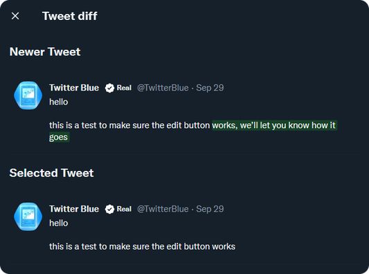 A modal showing a highlighted difference between two tweets.