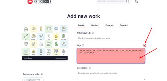 red border and red text area background color to indicate that you passed the tags limit (50)