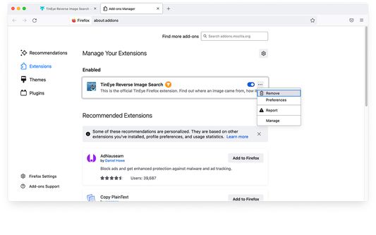 To uninstall the TinEye extension, click on the three horizontal lines in the upper-right corner of your browser window and select Add-ons and themes. Find TinEye Reverse Image Search in the list, then click on the three horizontal dots to the right and select Remove.