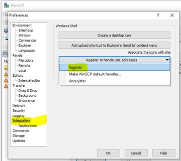 WinSCP's URL Handler Registration Page.