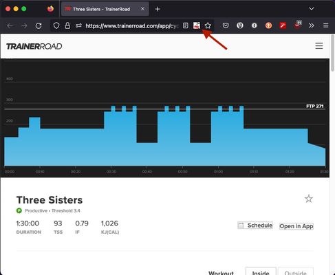 Extension button on address bar of TrainerRoad workout page.