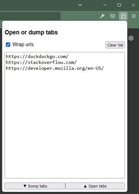 Example of typical input or output. Such list can either be the list of current opened tabs or tabs to be opened.