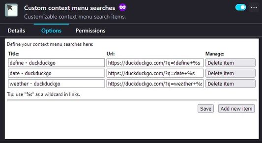 Extension's option page where custom context menu items are defined