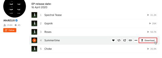 The added download button next to SoundCloud tracks in a playlist.