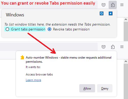 To have your windows listed in the new dialog, you need to grant Tabs permission (otherwise, it's not possible to show tab titles, URLs, icons).