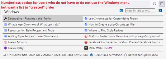 The dialog lists windows in created order even if you do not number them. To remove the numbers, see the next screenshot.