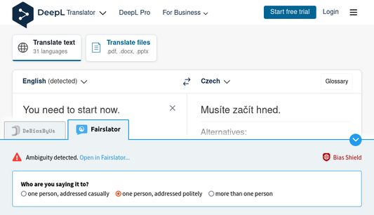 Bias Shield in action on DeepL Translator